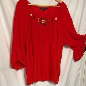 Zac & Rachel Red Blouse with Beaded Accents Sz 3X. Boho Boxy.